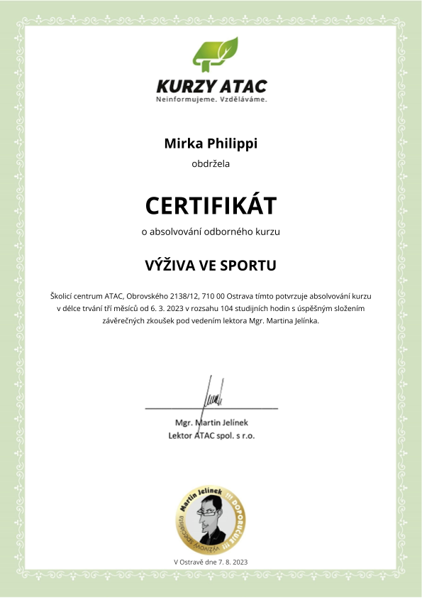 Certifikát o absolvování webináře Moderní výživa ve vytrvalostních sportech – Mirka Philippi
