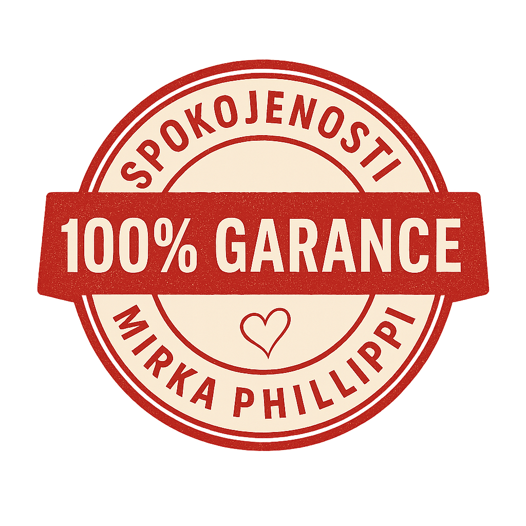 Záruka spokojenosti – razítko v červené barvě s nápisem „Mirka Philippi – 100% garance
