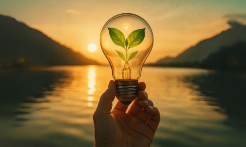 Ruka držící žárovku se zeleným listem uvnitř, v pozadí klidné jezero při západu slunce – symbol propojení poznatků, nového pohledu a energie do života s RS.