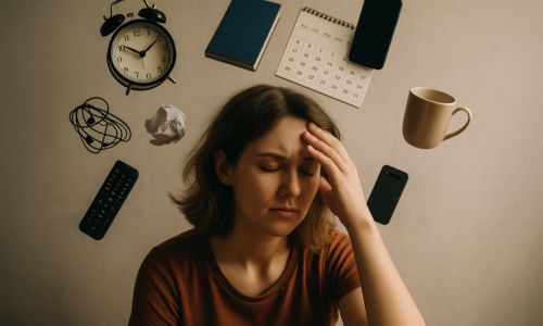 Žena se zavřenýma očima, kolem její hlavy se vznáší sedm předmětů symbolizujících zloděje energie – vizuální znázornění mentální zátěže a únavy při roztroušené skleróze.