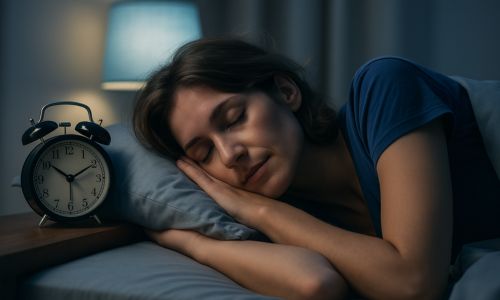 Žena spící v posteli při ranním světle – symbol klidného a regeneračního spánku jako klíče k obnově energie při RS.