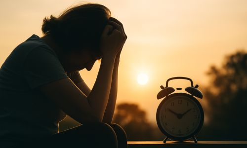 Silueta vyčerpané ženy u budíku při západu slunce – symbol vyčerpání, stresu z nedostatku času a ztráty energie. Ilustrace tématu druhého dne kurzu Restart unavené duše.