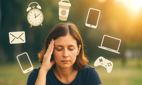 Žena zavírající oči a relaxující v přírodě – zvládání stresu u RS pomocí jednoduchých technik pro vnitřní klid