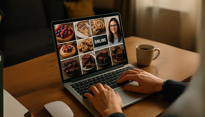 Online konzultace o zdravém stravování zaměřená na sladké chutě – žena u notebooku s obrázky zdravých dezertů a sladkostí