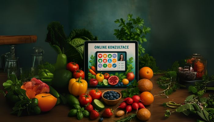 Online konzultace ke zdravému jídelníčku – tablet obklopený čerstvou zeleninou a ovocem