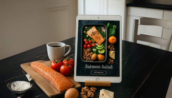 Tablet s digitální kuchařkou zdravých receptů bez cukru, vedle šálek kávy a croissant na stole – inspirace pro zdravé mlsání v rámci Chytrého jídelníčku.